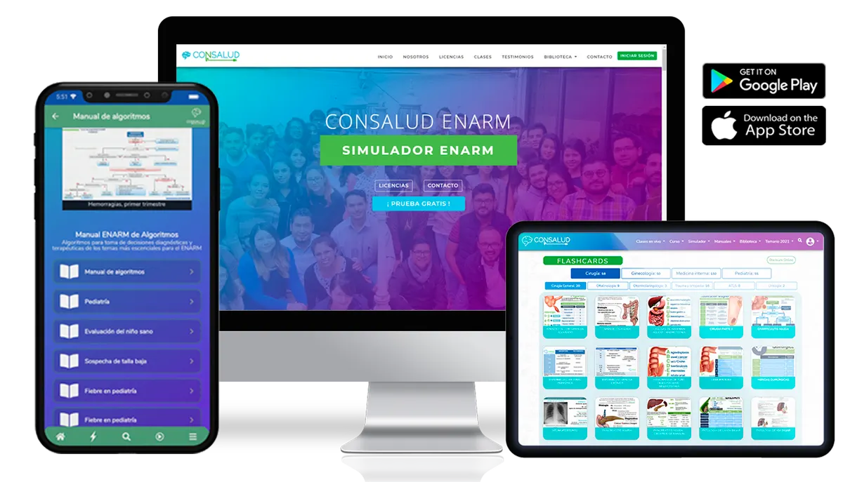 Plataforma Consalud ENARM en computadora, tableta y celular, con apps para Android y iOS
